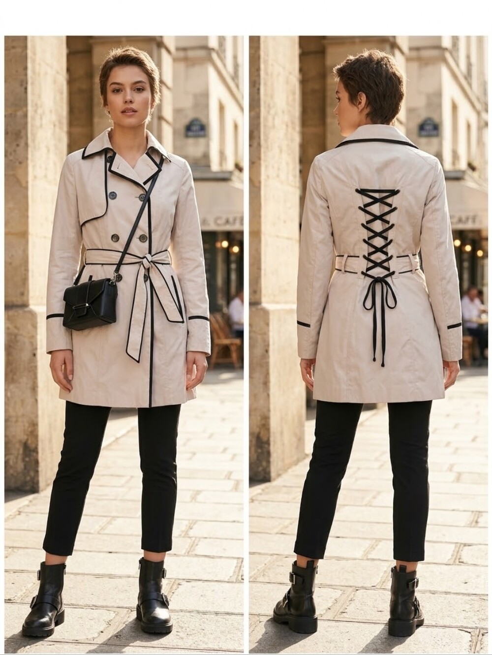 Betsey Johnson Double -Breasted Beige Trench Coat with Black Trim Corset Back XS